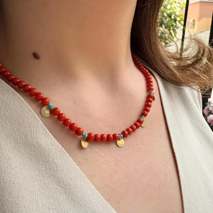 14 Ayar Altın Pullu Mercan Taşlı Kolye