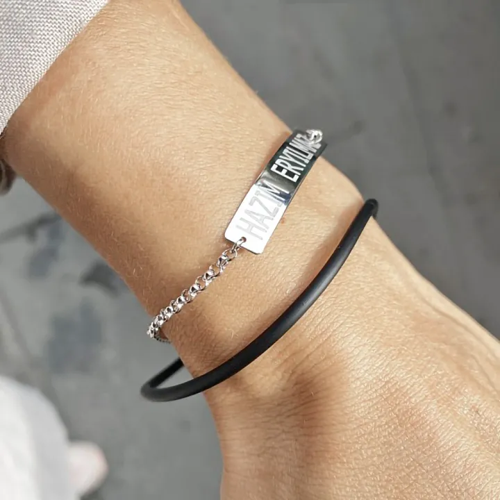 14 Ayar Altın Silikon Kordonlu Plaka Bileklik