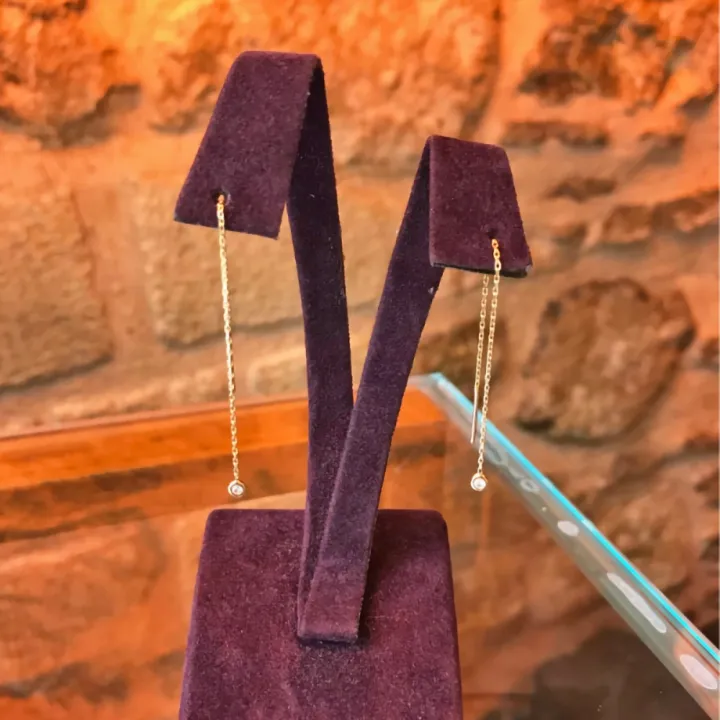 14 Ayar Altın Tektaş Zincir Küpe