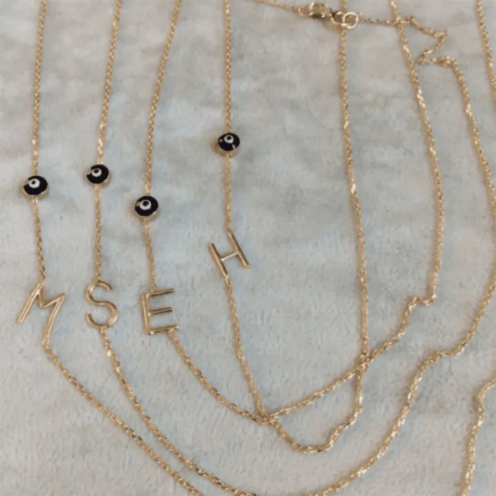 14 Ayar Altın Tel Kıvırma Mineli Göz Harf Kolye - 1 Harf