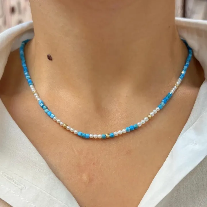 14 Ayar Altın Turkuaz Taşlı İnci Kolye