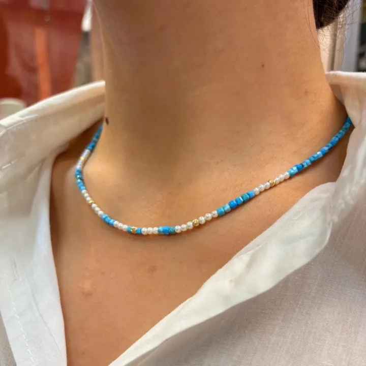 14 Ayar Altın Turkuaz Taşlı İnci Kolye