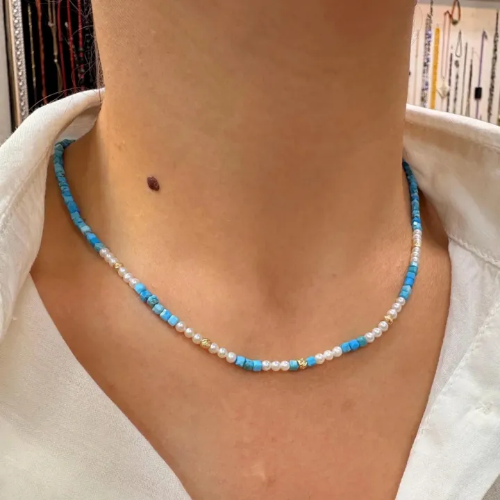 14 Ayar Altın Turkuaz Taşlı İnci Kolye