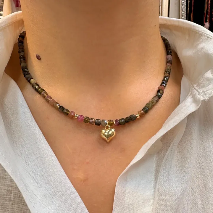 14 Ayar Altın Kalpli Turmalin Kolye