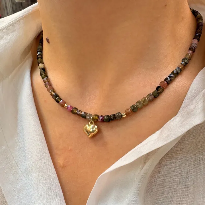 14 Ayar Altın Kalpli Turmalin Kolye