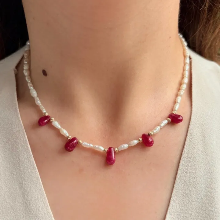 14 Ayar Altın Yakut Taşlı İnci Kolye