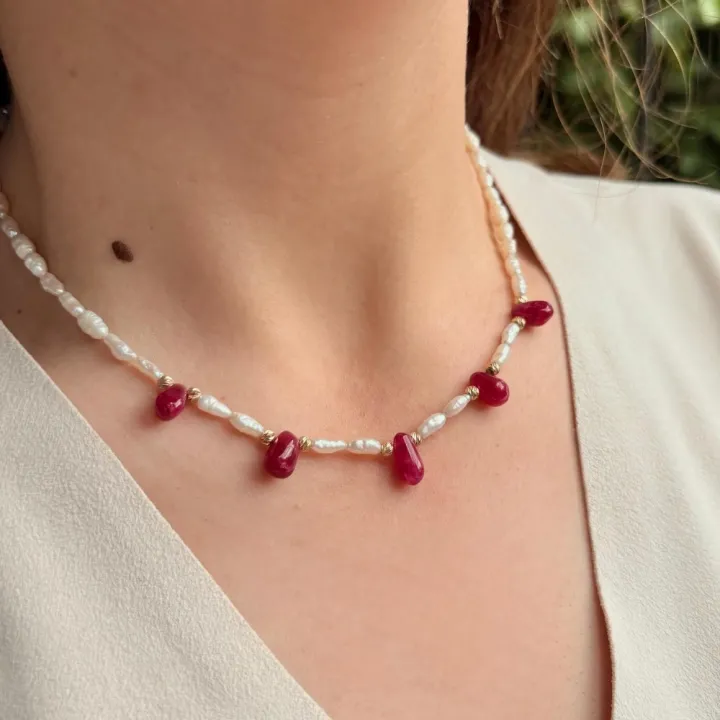 14 Ayar Altın Yakut Taşlı İnci Kolye