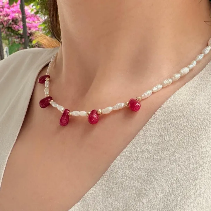 14 Ayar Altın Yakut Taşlı İnci Kolye