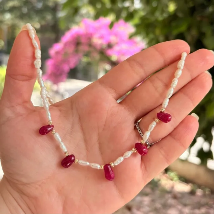 14 Ayar Altın Yakut Taşlı İnci Kolye