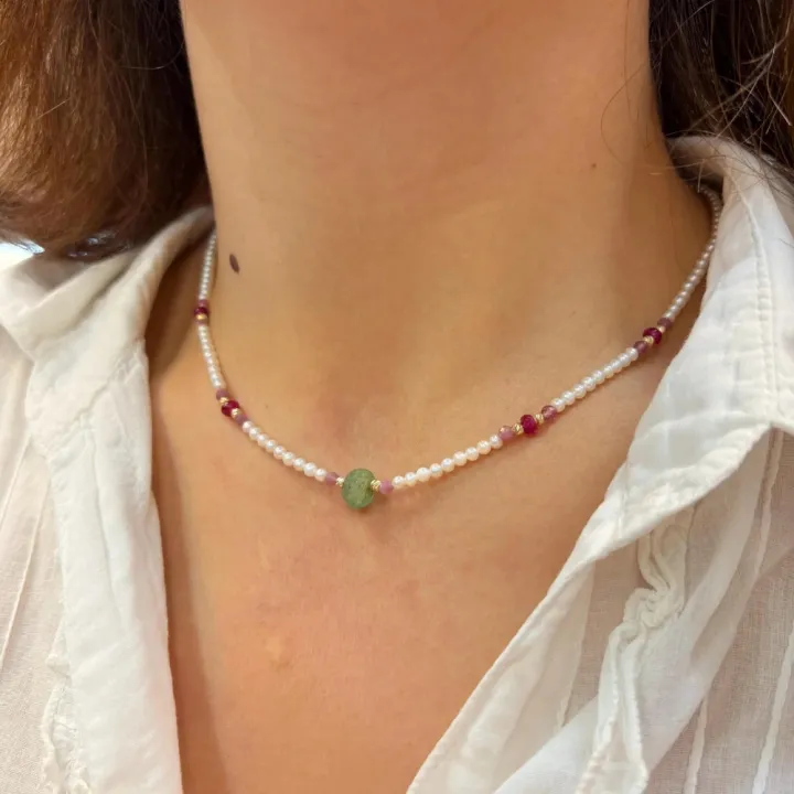 14 Ayar Altın Yakut Taşlı İnci Kolye