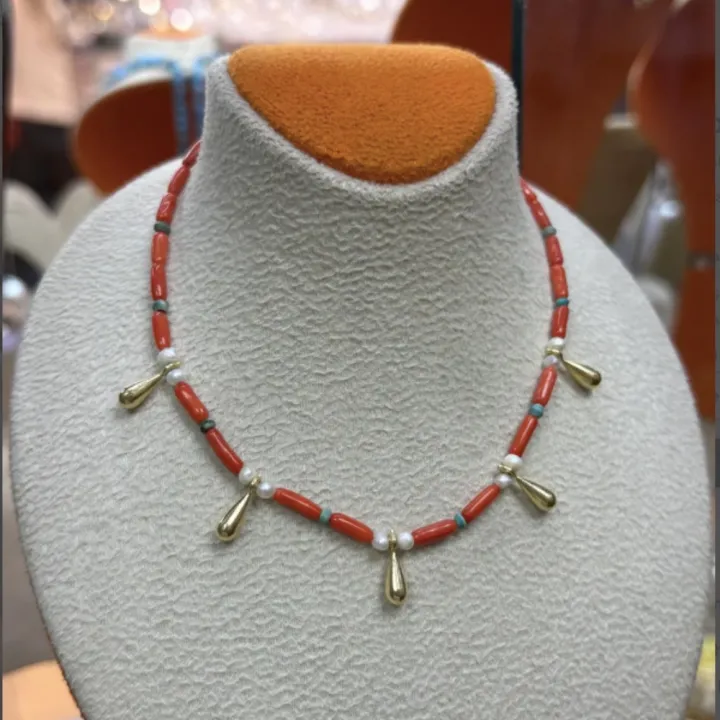 14 Ayar Altın Su Damlası Mercan Taşlı Kolye