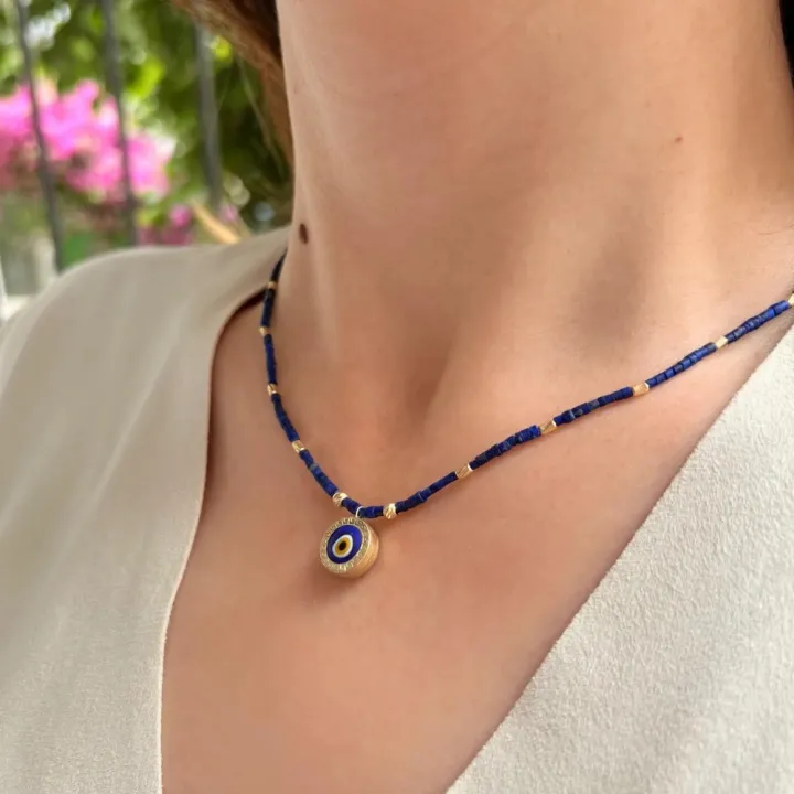 14 Ayar Altın Nazar Boncuklu Lapis Taşlı Kolye