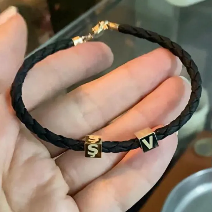14 Ayar Altın Deri Kordonlu 2 Küp Bileklik - 6mm