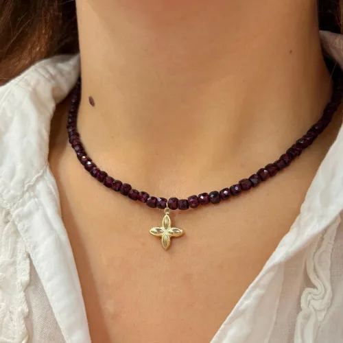 14 Ayar Altın Çiçekli Granat Taşlı Kolye