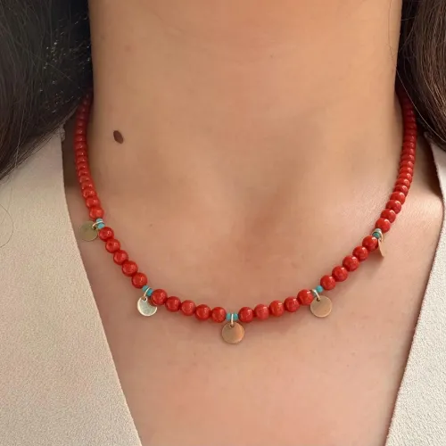 14 Ayar Altın Pullu Mercan Taşlı Kolye