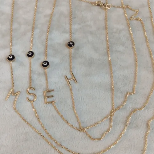 14 Ayar Altın Tel Kıvırma Mineli Göz Harf Kolye - 1 Harf