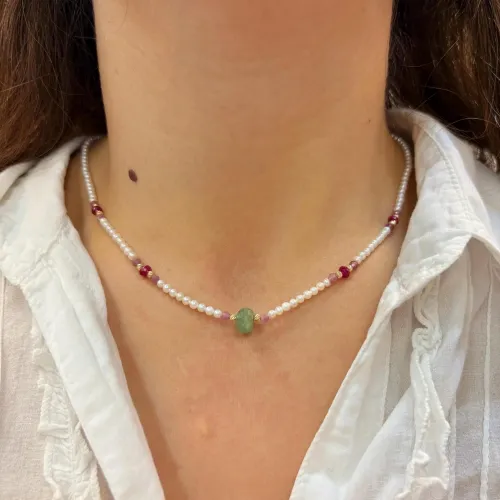 14 Ayar Altın Yakut Taşlı İnci Kolye