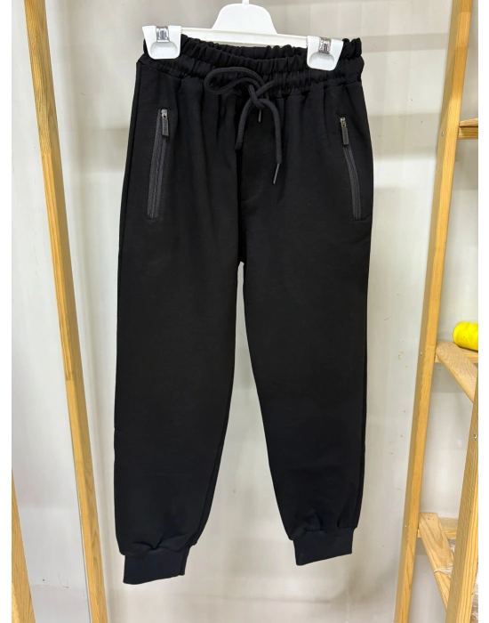 2 İp Ligralı Siyah Cepleri Fermuarlı Alttan Manşetli Çocuk Eşofman Altı