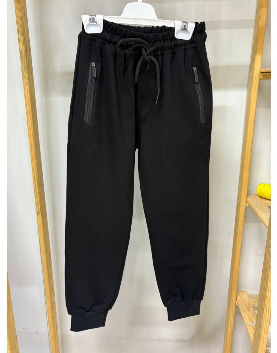 2 İp Ligralı Siyah Cepleri Fermuarlı Alttan Manşetli Çocuk Eşofman Altı