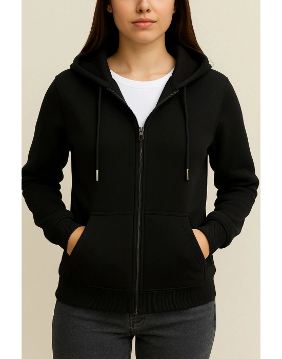 3 İp Şardonlu Kanguru Cepli Unısex Siyah Hırka