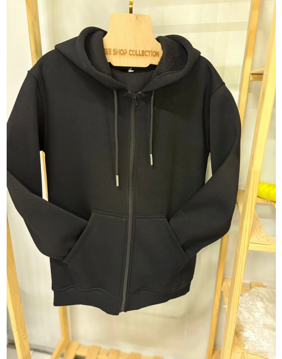 3 İp Şardonlu Kanguru Cepli Unısex Siyah Hırka