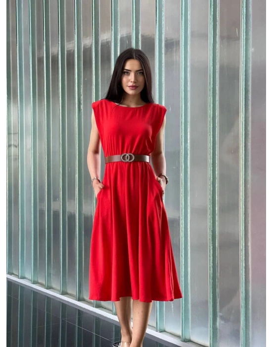 Vatkalı Aerobin Kumaş Cepli Kemerli Elbise Kırmızı