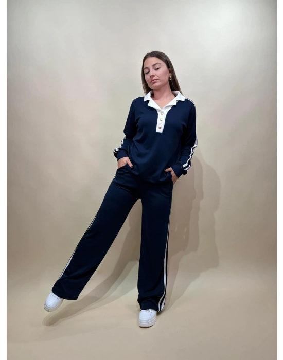 Polo Yaka Düğme Detaylı Cepli Beli Lastikli Kadın Alt Üst Takım