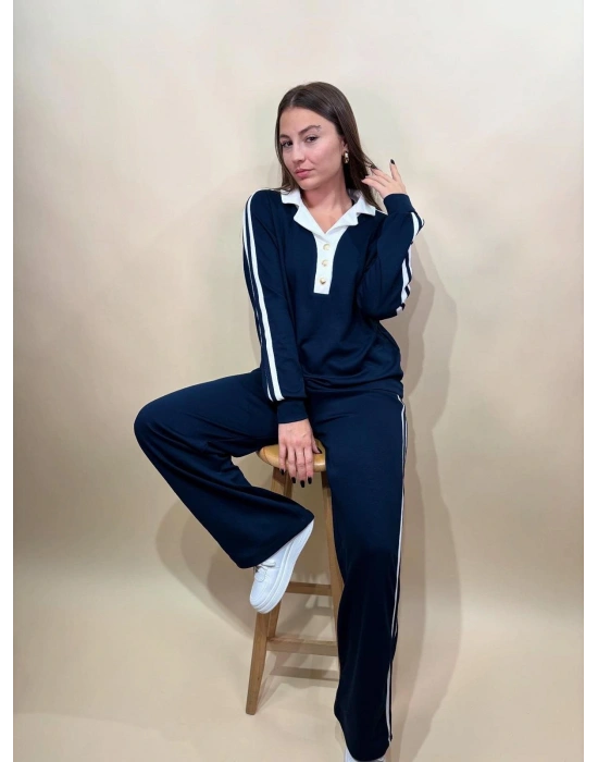 Polo Yaka Düğme Detaylı Cepli Beli Lastikli Kadın Alt Üst Takım