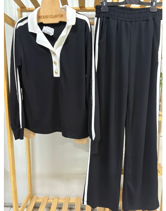 Polo Yaka Düğme Detaylı Cepli Beli Lastikli Kadın Alt Üst Takım