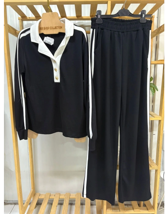 Polo Yaka Düğme Detaylı Cepli Beli Lastikli Kadın Alt Üst Takım