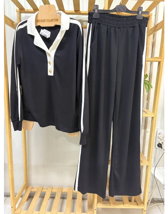 Polo Yaka Düğme Detaylı Cepli Beli Lastikli Kadın Alt Üst Takım