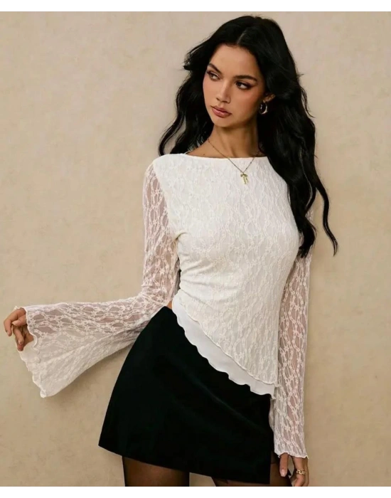 ASTARLI İSPANYOL KOL GÜPÜR ASİMETRİK BLUZ