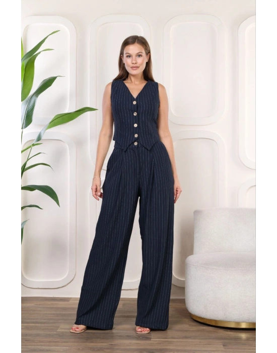 Bol Paça Pensli Pantolon Astarlo Kolsuz Yelek Takım Lacivert