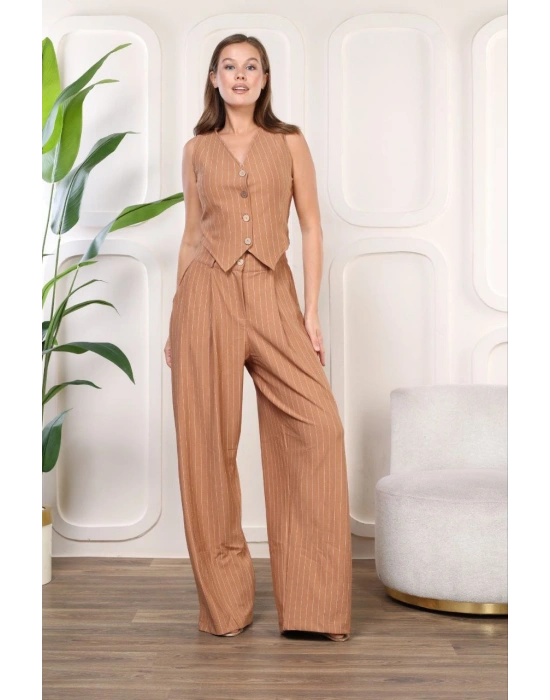 Bol Paça Pensli Pantolon Astarlo Kolsuz Yelek Takım Taba