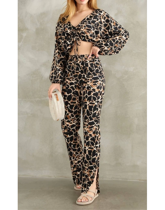 Bürümcük Kumaş Yırtmaçlı Cepli Pntolon Crop Takım