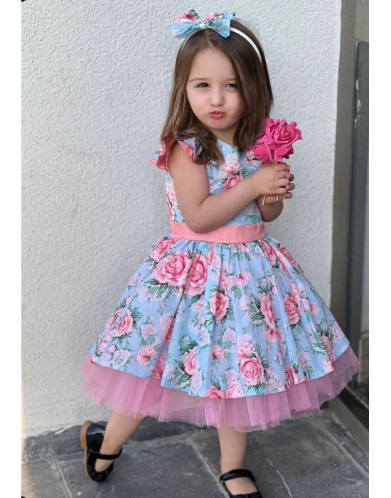 Çiçek Desenli Kız Çocuk Tüllü Kabarık Taç Hediyeli Elbise