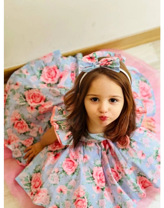 Çiçek Desenli Kız Çocuk Tüllü Kabarık Taç Hediyeli Elbise