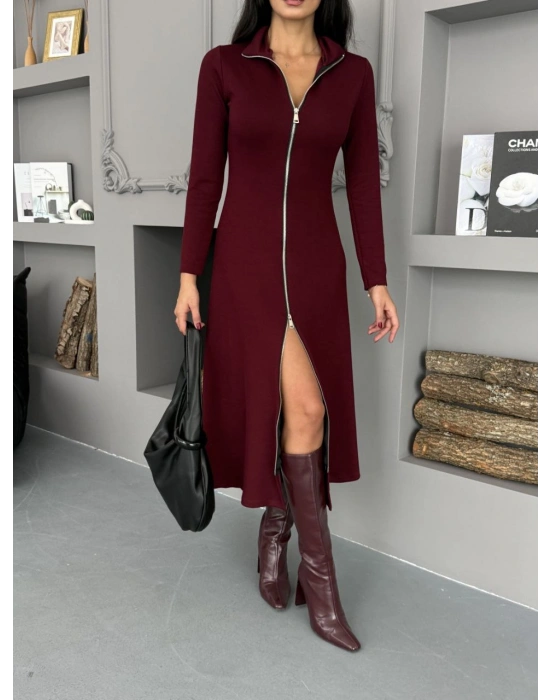 Çift Fermuarlı Yakalı Modal Elbise