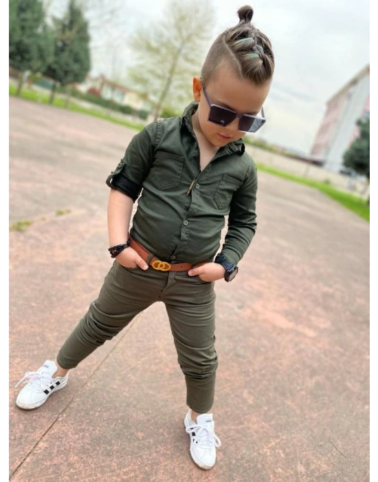 Erkek Çocuk Gabardin Haki Yeşil Gömlek Pantolon Takım
