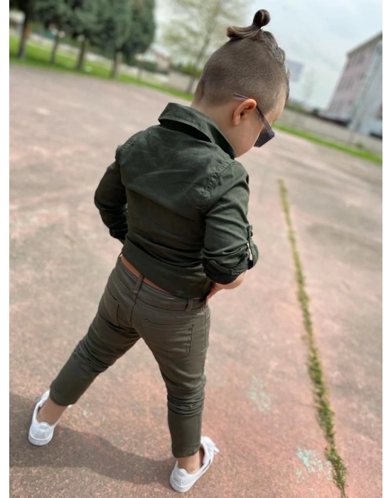Erkek Çocuk Gabardin Haki Yeşil Gömlek Pantolon Takım