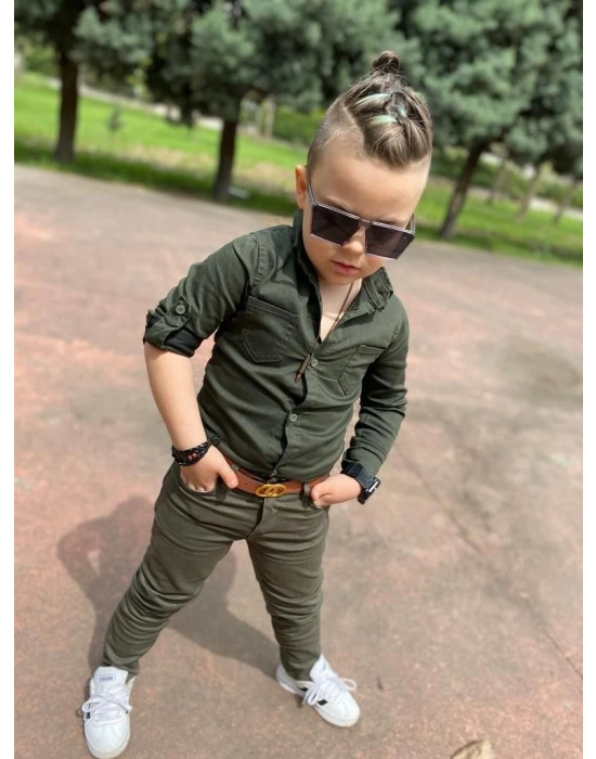 Erkek Çocuk Gabardin Haki Yeşil Gömlek Pantolon Takım