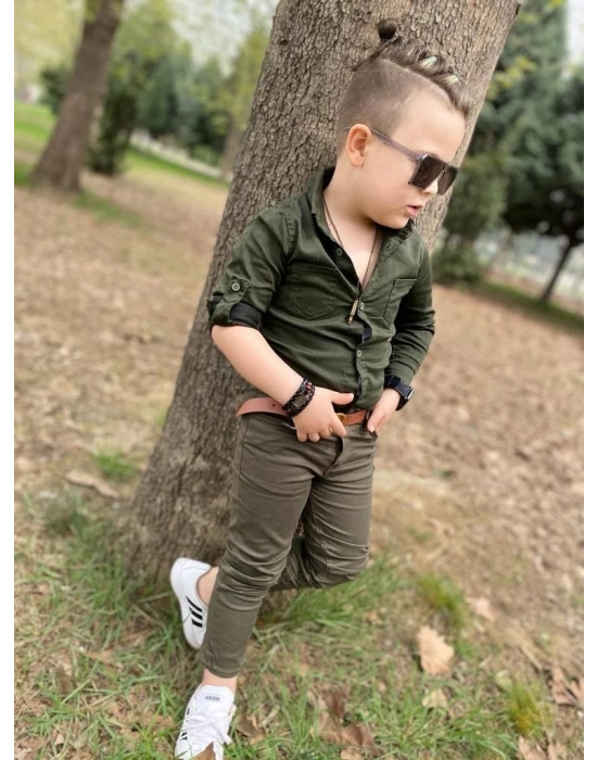 Erkek Çocuk Gabardin Haki Yeşil Gömlek Pantolon Takım