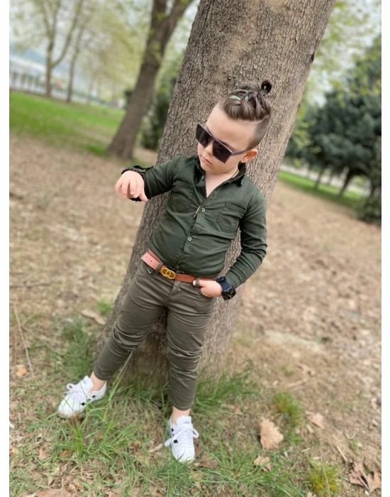 Erkek Çocuk Gabardin Haki Yeşil Gömlek Pantolon Takım