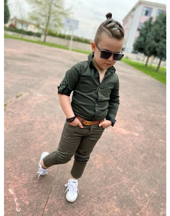 Erkek Çocuk Gabardin Haki Yeşil Gömlek Pantolon Takım