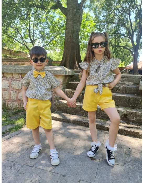 Erkek Çocuk Poplin Gömlek Papyon ve Şort Kombin