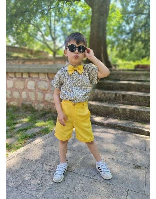 Erkek Çocuk Poplin Gömlek Papyon ve Şort Kombin