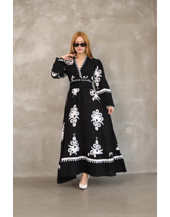 Etnik Desen Uzun Kol Viskon Elbise