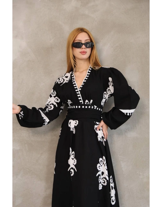 Etnik Desen Uzun Kol Viskon Elbise