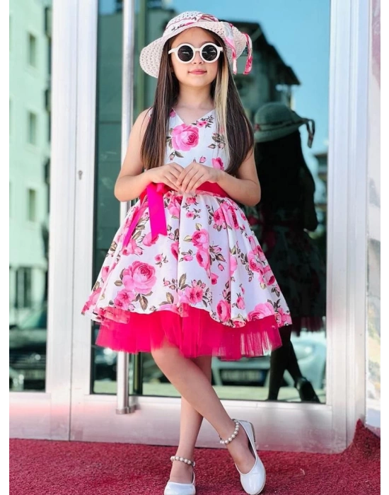 Hasır Şapkalı Tüllü Kız Çocuk Elbise