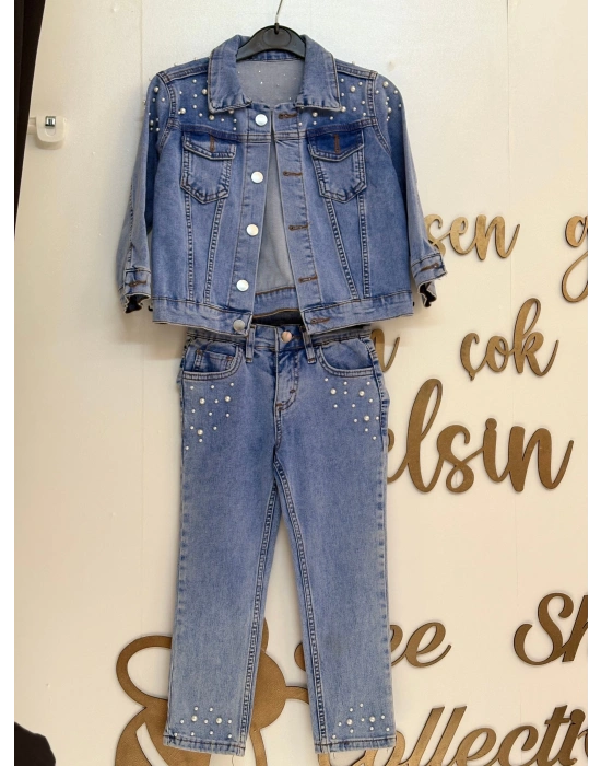 İnci Çakma Detaylı Kot Ceket-Pantolon Kız Çocuk Takım